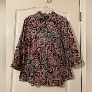 CHAPS Paisley Button Front Blouse Cotton No Iron Long Sleeves Size 1X Heritage